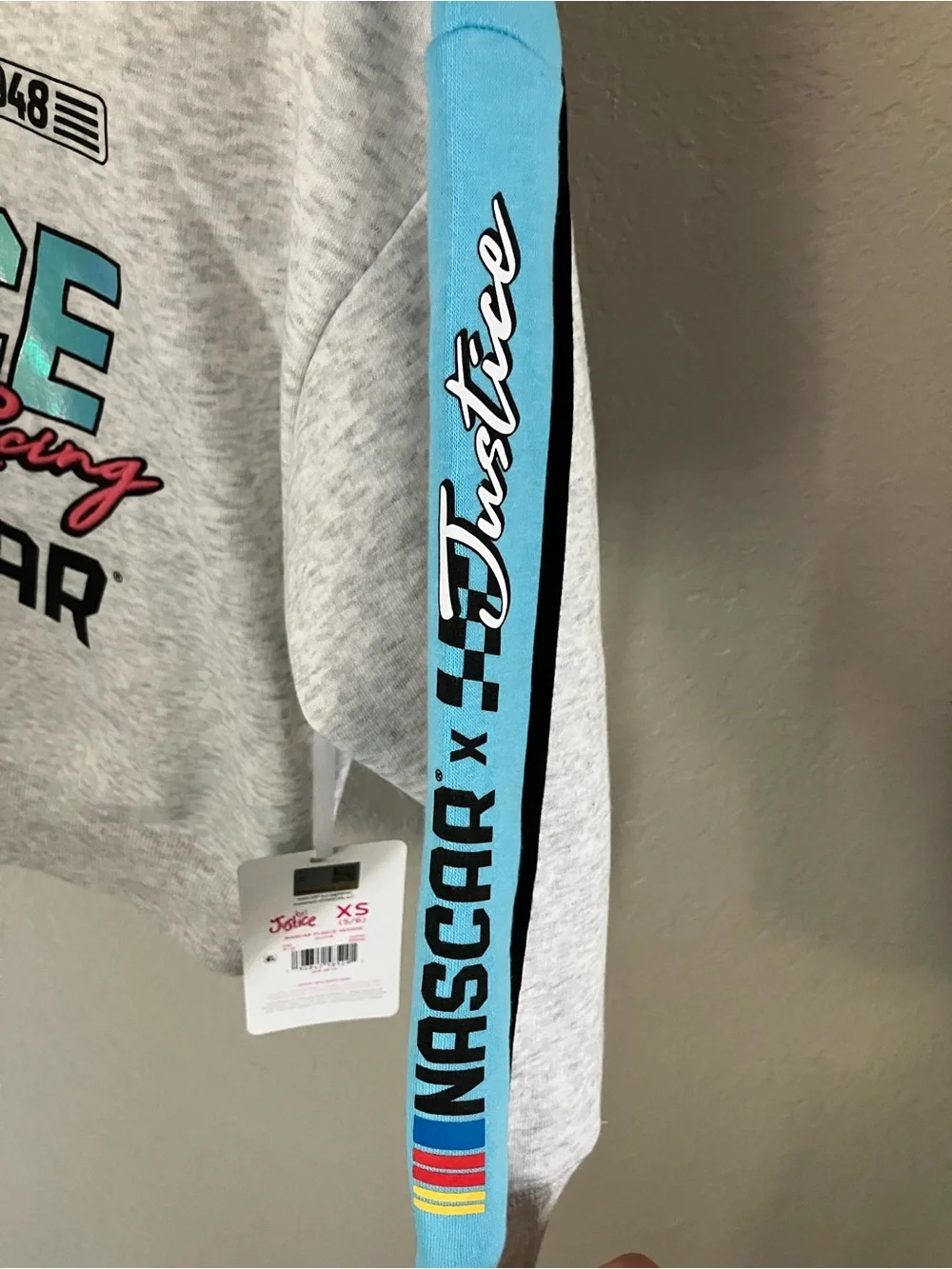 Justice Girls' Heather Gray & Blue Racing Hoodie with Multicolor Logos